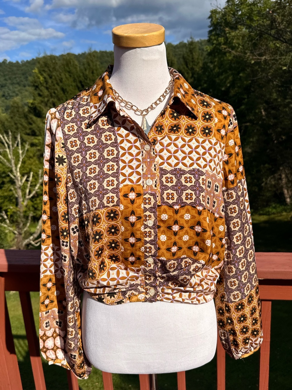 DREW Anthropologie Patchwork Retro Floral Print Button-Down Blouse